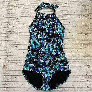 Speedo Swimsuit One Piece  Halter Blue & Black Abstract Padded Cups Womens Sz M